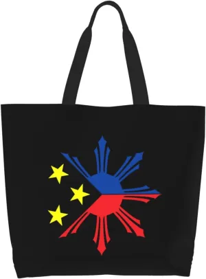 Tribal Philippines Filipino Sun and Stars Canvas Tote Bags for Women, Ladies Shoulder Handbags Large Purse Lightweight Foldable Reusable Shopping Bag with Pockets for Work, Travel, 15.7x19.7in
