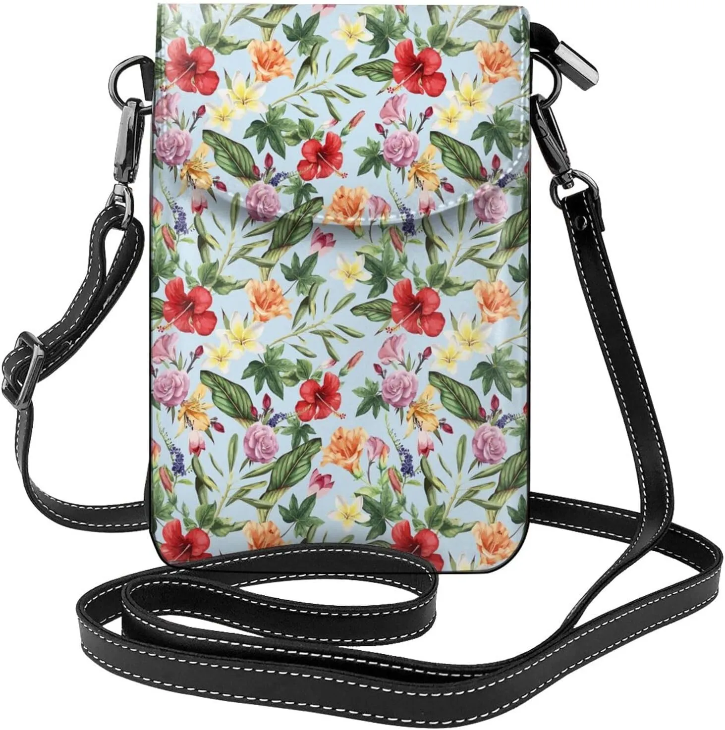 Tropic Flowers Leaf Crossbody Bag for Women PU Leather Small Travel Cell Phone Pouch Lightweight Mini Phone Purse Wallet Cross Body Shoulder Bags with Card Slots and Shoulder Strap