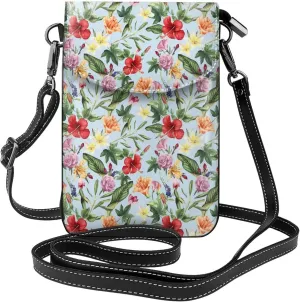 Tropic Flowers Leaf Crossbody Bag for Women PU Leather Small Travel Cell Phone Pouch Lightweight Mini Phone Purse Wallet Cross Body Shoulder Bags with Card Slots and Shoulder Strap