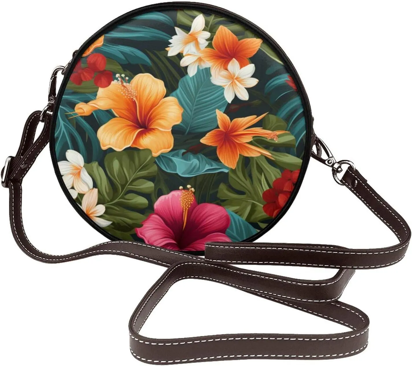 Tropical Flower Women Round Crossbody Bags Leather Sling Bag Purse