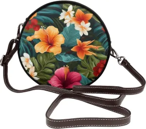 Tropical Flower Women Round Crossbody Bags Leather Sling Bag Purse