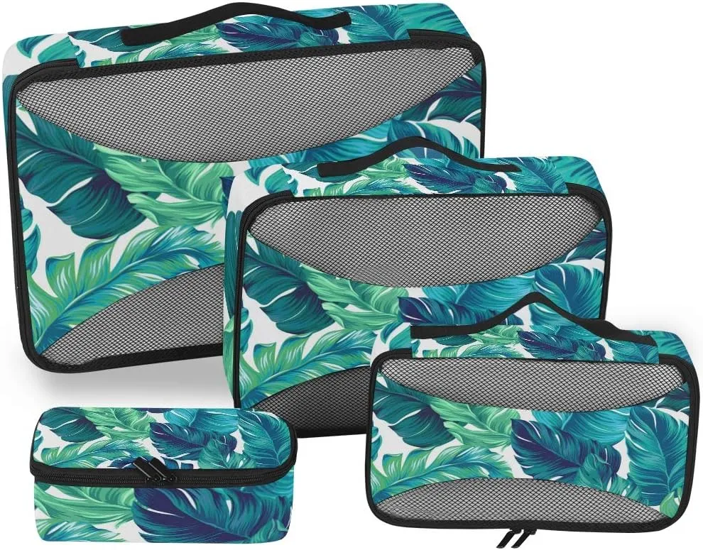 Tropical Plant Palm Leaves Packing Cubes 4 Set Luggage Packing Travel Organizers Mesh Storage Bag for Suitcase