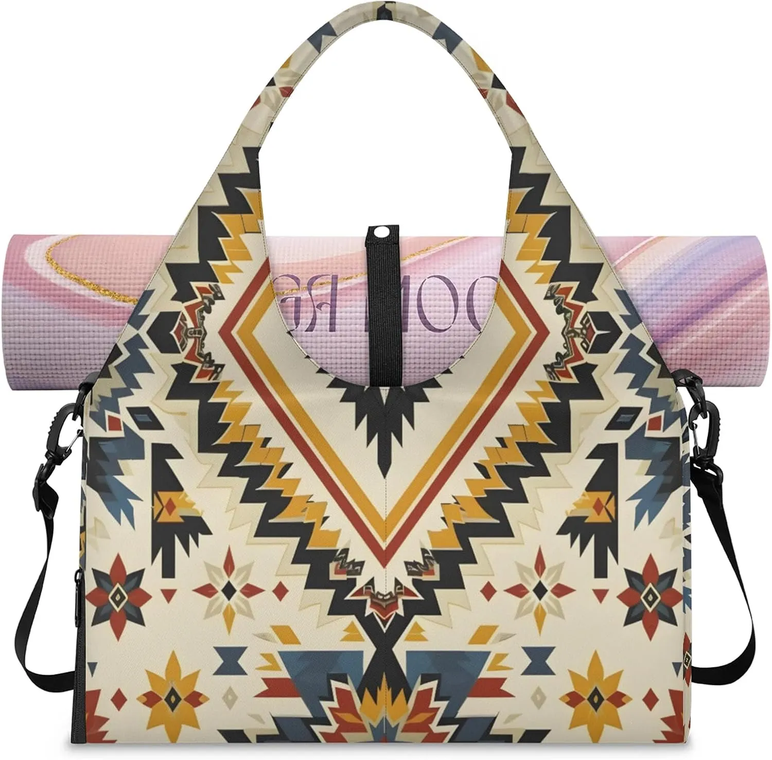 TropicalLife Aztec Ethnic Triangular Vintage Yoga Gym Bags for Women with Shoes Compartment Travel Tote Duffle Bag Weekender Carry on Overnight Bags