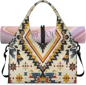 TropicalLife Aztec Ethnic Triangular Vintage Yoga Gym Bags for Women with Shoes Compartment Travel Tote Duffle Bag Weekender Carry on Overnight Bags