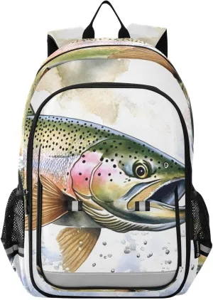 Trout Jump Water Backpack for Women Men Travel Laptop Daypack Shoulder Bag Book Bag Daypack with Reflective Strip 12.9” × 17.7”