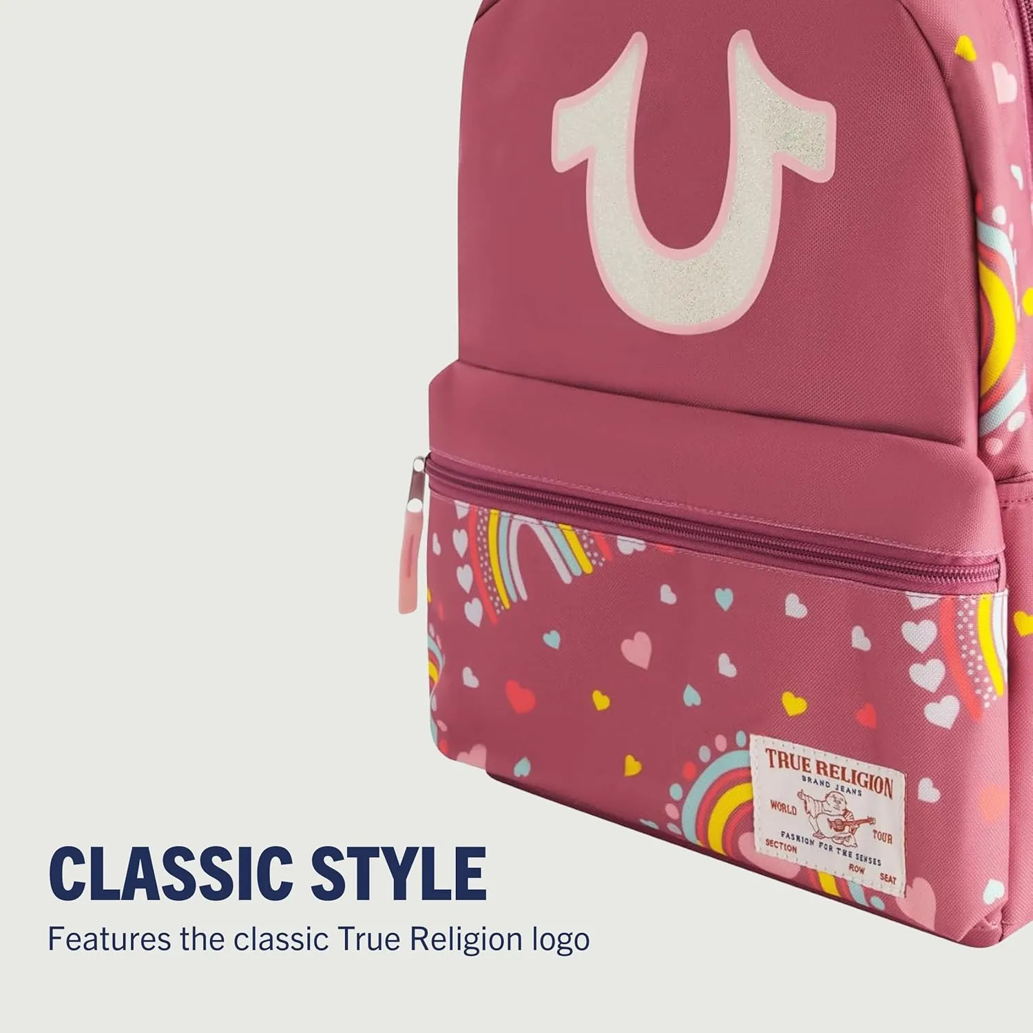 True Religion Mini Laptop Backpack, Rainbow Horseshoe Logo Small Computer Travel Bag Purse, Adjustable Shoulder Straps, Berry, 16 Inch