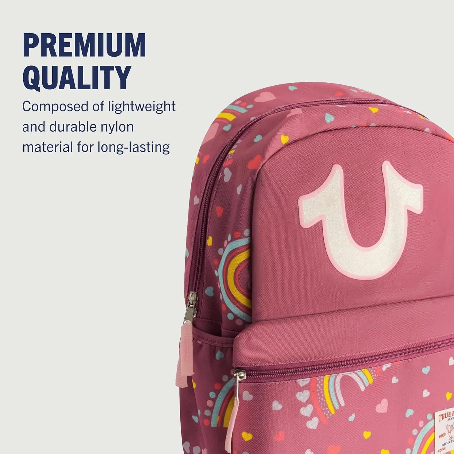 True Religion Mini Laptop Backpack, Rainbow Horseshoe Logo Small Computer Travel Bag Purse, Adjustable Shoulder Straps, Berry, 16 Inch