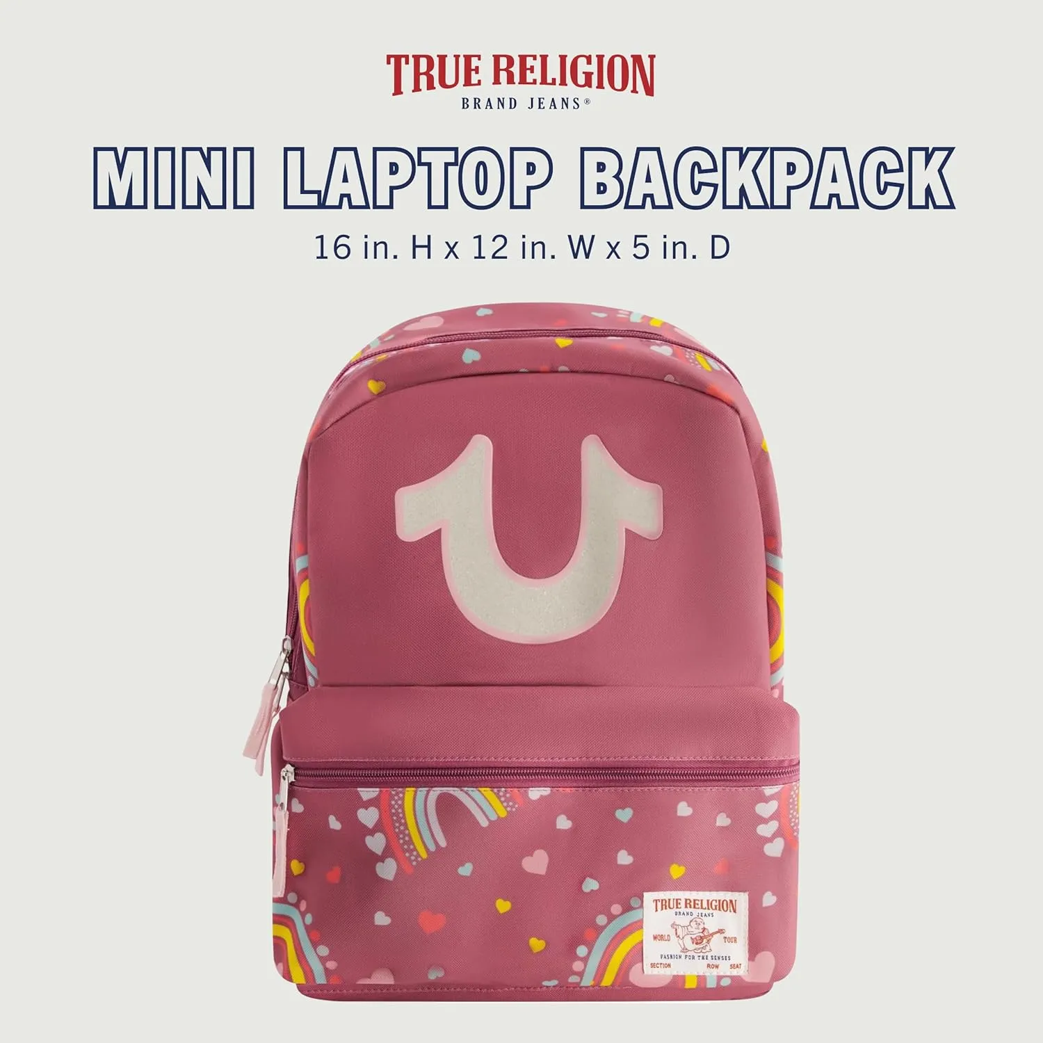 True Religion Mini Laptop Backpack, Rainbow Horseshoe Logo Small Computer Travel Bag Purse, Adjustable Shoulder Straps, Berry, 16 Inch