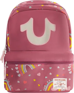 True Religion Mini Laptop Backpack, Rainbow Horseshoe Logo Small Computer Travel Bag Purse, Adjustable Shoulder Straps, Berry, 16 Inch
