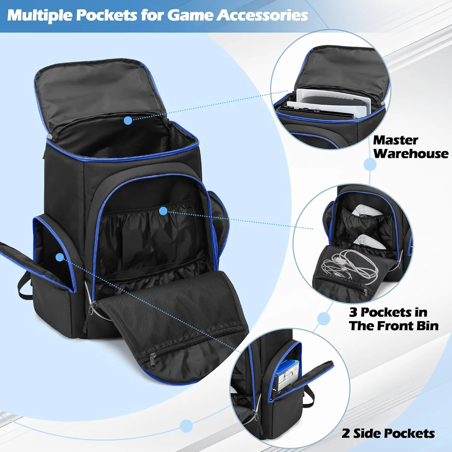 Trunab Gaming Console Backpack Compatible with Playstation 5 / PS5 Slim / PS4 / Xbox One, Travel Carrying Bag with Multiple Pockets for 15.6” Laptop and Gaming Accessories