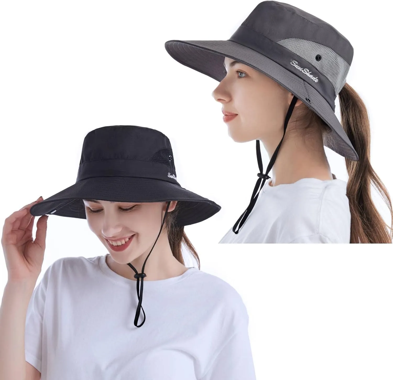 Tutuko Womens Wide Brim Sun Hats Foldable UV Protection Beach Bucket Hats Ponytail Mesh Fishing Hat