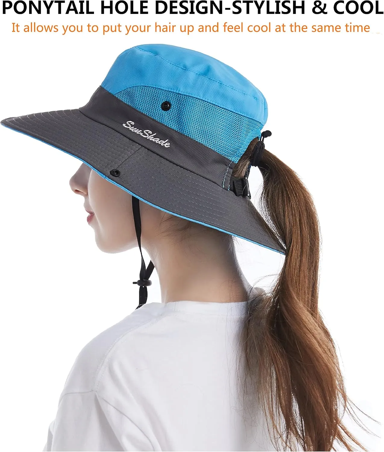 Tutuko Womens Wide Brim Sun Hats Foldable UV Protection Beach Bucket Hats Ponytail Mesh Fishing Hat
