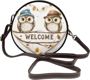 Two Owl Retro Welcome Wooden Sign Women Round Crossbody Bags Leather Sling Bag Purse