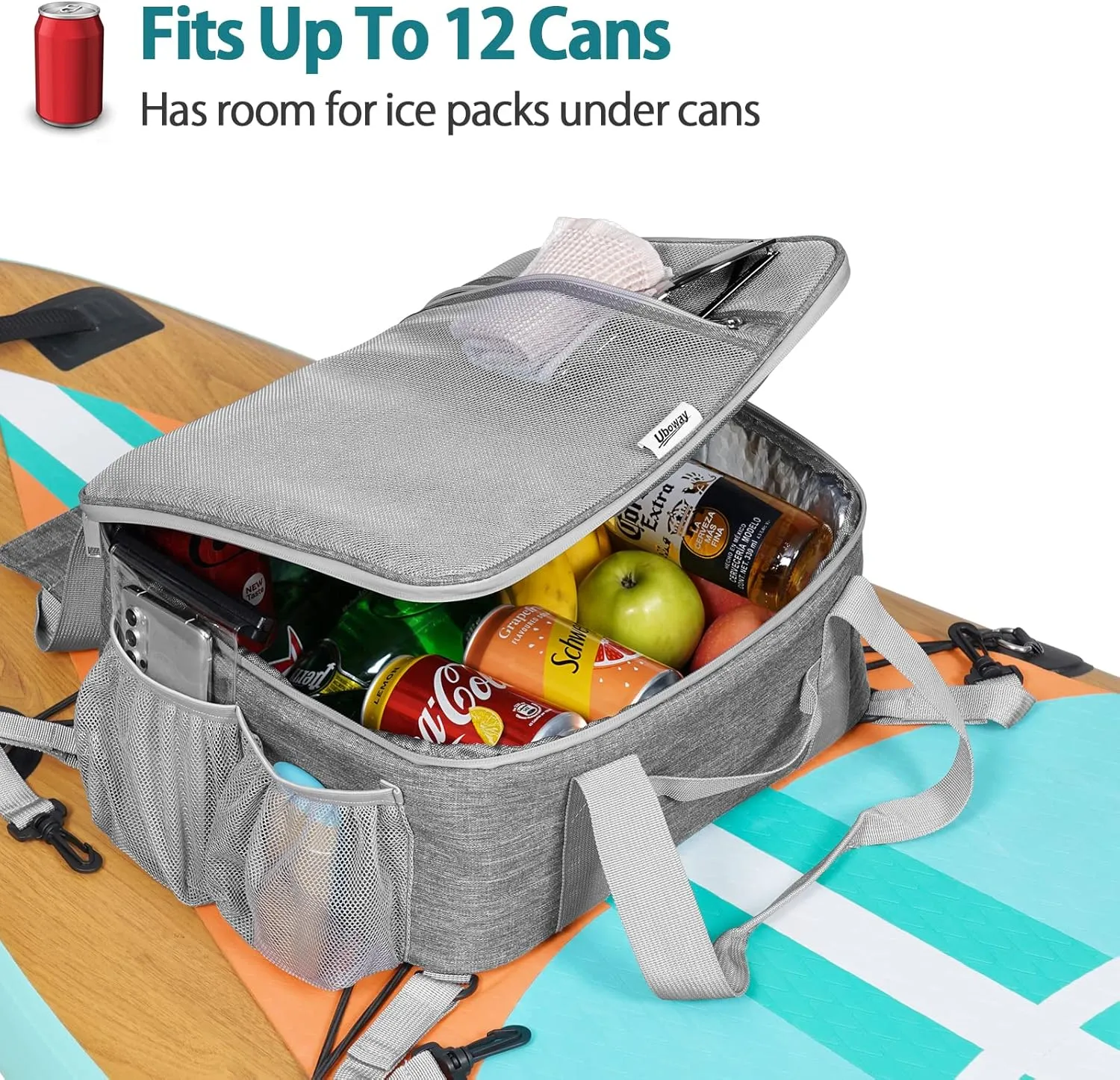 Uboway Paddle Board Accessories - Large Paddle Board Cooler with Side Pouches for Water Bottles, Waterproof SUP Cooler Deck Bag with Top Mesh Pocket, Paddle Board Cooler Bag, Insulated Kayak Cooler