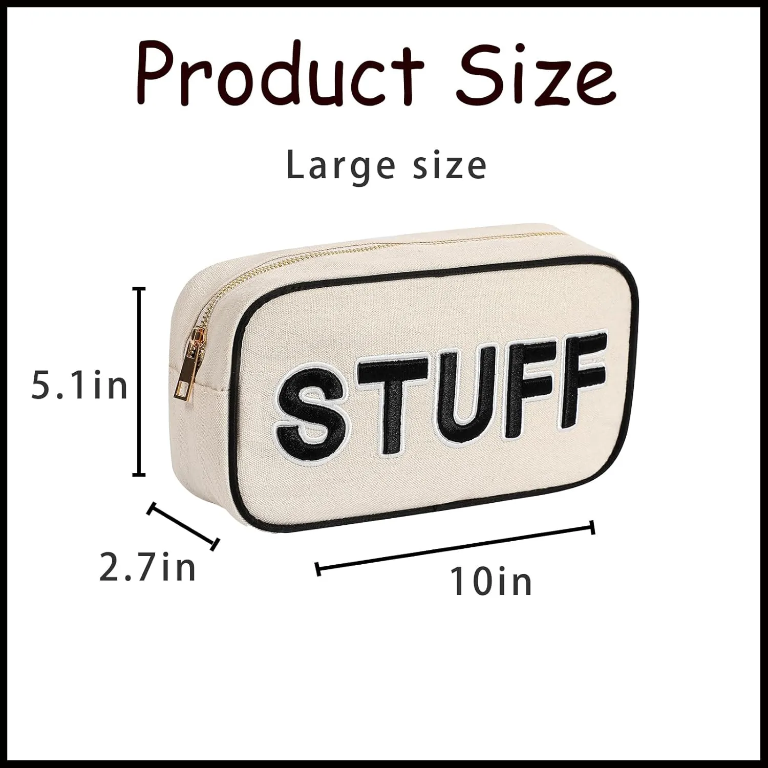 uekeboag Canvas Chenille Letter Stuff Makeup Bag,Small Travel Washable Organizer Bag for Purse with Zipper, Cute Personalized Preppy Cosmetic Bag For Women and Girls(01Black-Stuff)