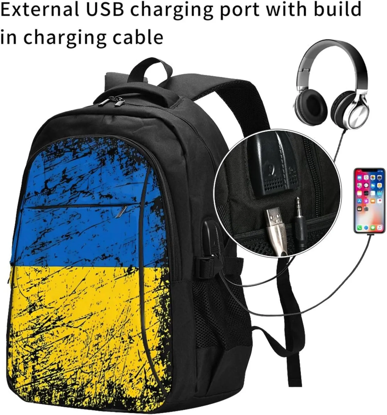 Ukraine Ukrainian Flag Casual Travel Backpacks Hiking Camping Backpack Large Outdoor Sport Daypack Laptop Rucksack Climbing Working Bags with USB Port