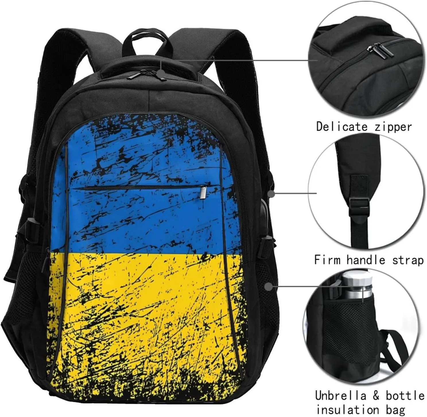 Ukraine Ukrainian Flag Casual Travel Backpacks Hiking Camping Backpack Large Outdoor Sport Daypack Laptop Rucksack Climbing Working Bags with USB Port
