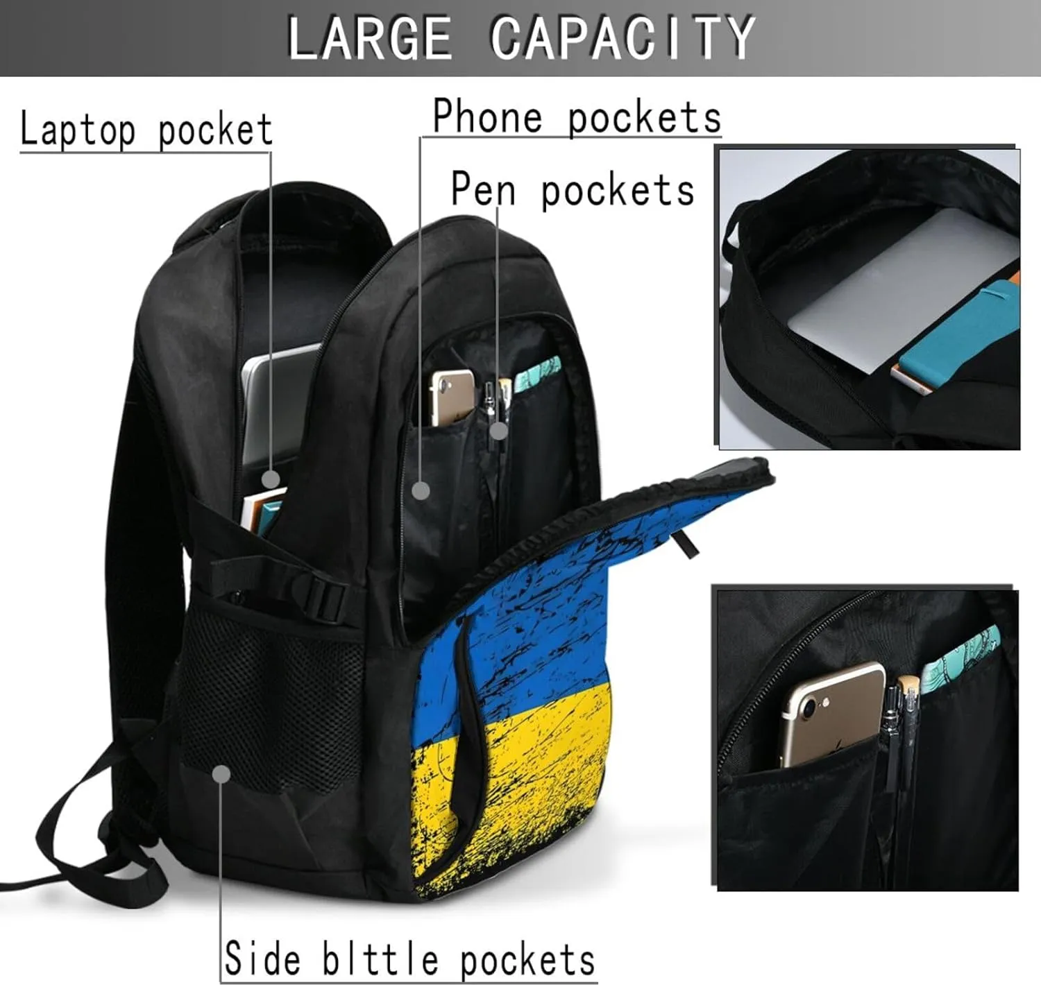 Ukraine Ukrainian Flag Casual Travel Backpacks Hiking Camping Backpack Large Outdoor Sport Daypack Laptop Rucksack Climbing Working Bags with USB Port