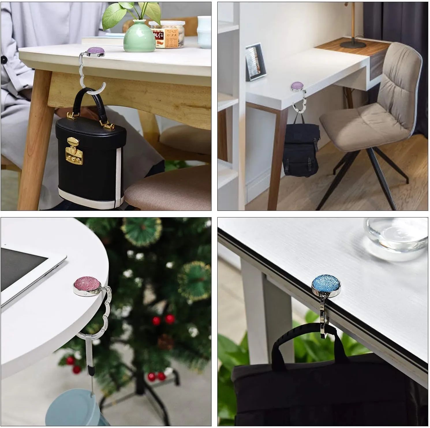Ulalaza 3Pcs Fashion Purse Foldable Hook Anti-Slip Portable Folding Handbag Table Hangers Holder Bag Storage Decor Gift for Women Girls