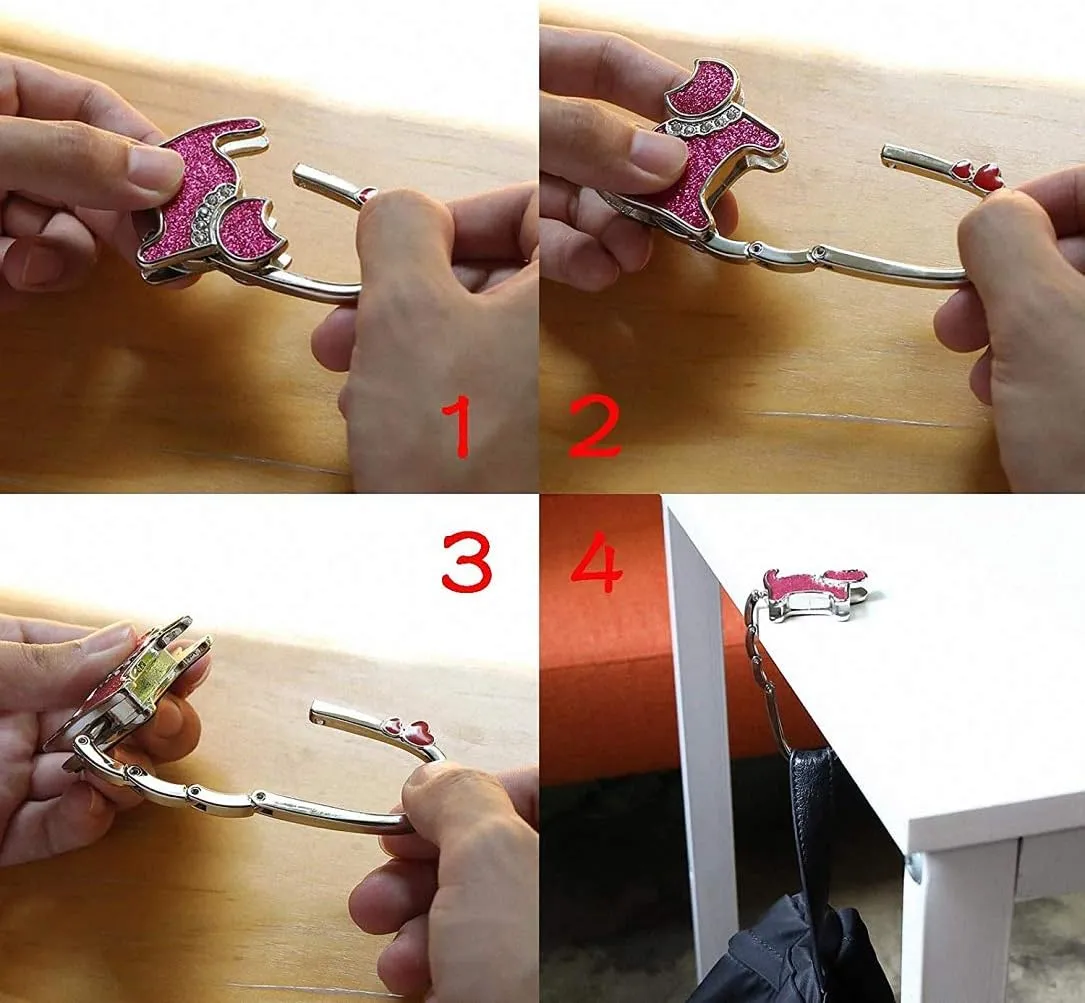 Ulalaza 3Pcs Fashion Purse Foldable Hook Anti-Slip Portable Folding Handbag Table Hangers Holder Bag Storage Decor Gift for Women Girls