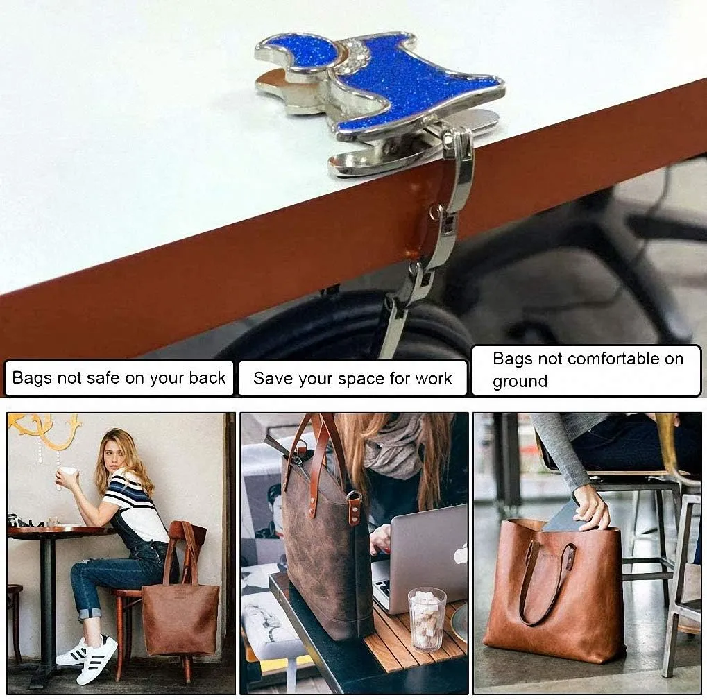 Ulalaza 3Pcs Fashion Purse Foldable Hook Anti-Slip Portable Folding Handbag Table Hangers Holder Bag Storage Decor Gift for Women Girls