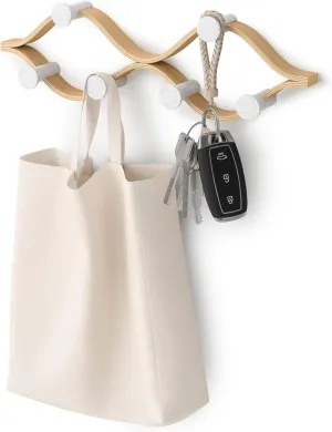 Umbra Montage Wall-Mounted Coat Rack with 6 Hooks for Jackets, Hats, Bags, and More - Modern Wood and Metal Design, White/Natural