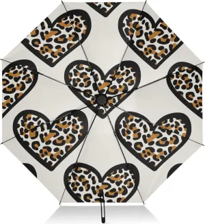 Umbrellas for Rain, Compact Umbrellas Windproof, Ideal for Car, Purse, Men and Women, Black Outlined Hearts Leopard Spots