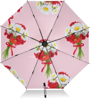 Umbrellas for Rain, Windproof Compact Umbrella Travel, Ideal for Car, Purse, Men and Women, Bouquets Daisies Red Flowers Pink