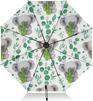 Umbrellas for Rain, Windproof Compact Umbrellas, Ideal for Car, Purse, Men and Women, Cute Koala Green Leaves White