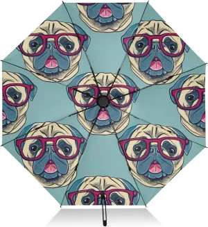 Umbrellas for Rain, Windproof Folding Umbrella Compact, Ideal for Car, Purse, Men and Women, Cute Pug Dogs Green