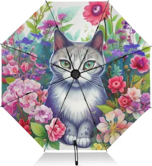 Umbrellas for Rain, Windproof Umbrella Compact, Ideal for Car, Purse, Men and Women, Cute Cat Flowers