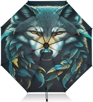 Umbrellas for Rain, Windproof Umbrellas for Rain Compact, Ideal for Car, Purse, Men and Women, Cool Wolf