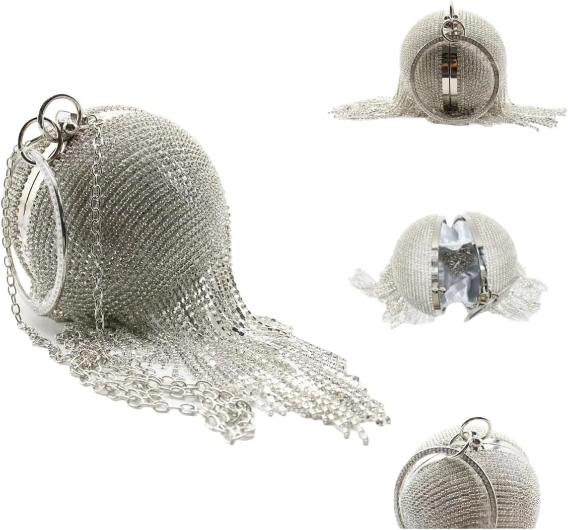 UMREN Women Round Ball Crystal Evening Clutch Purse Tassel Wedding Party Hand Bags