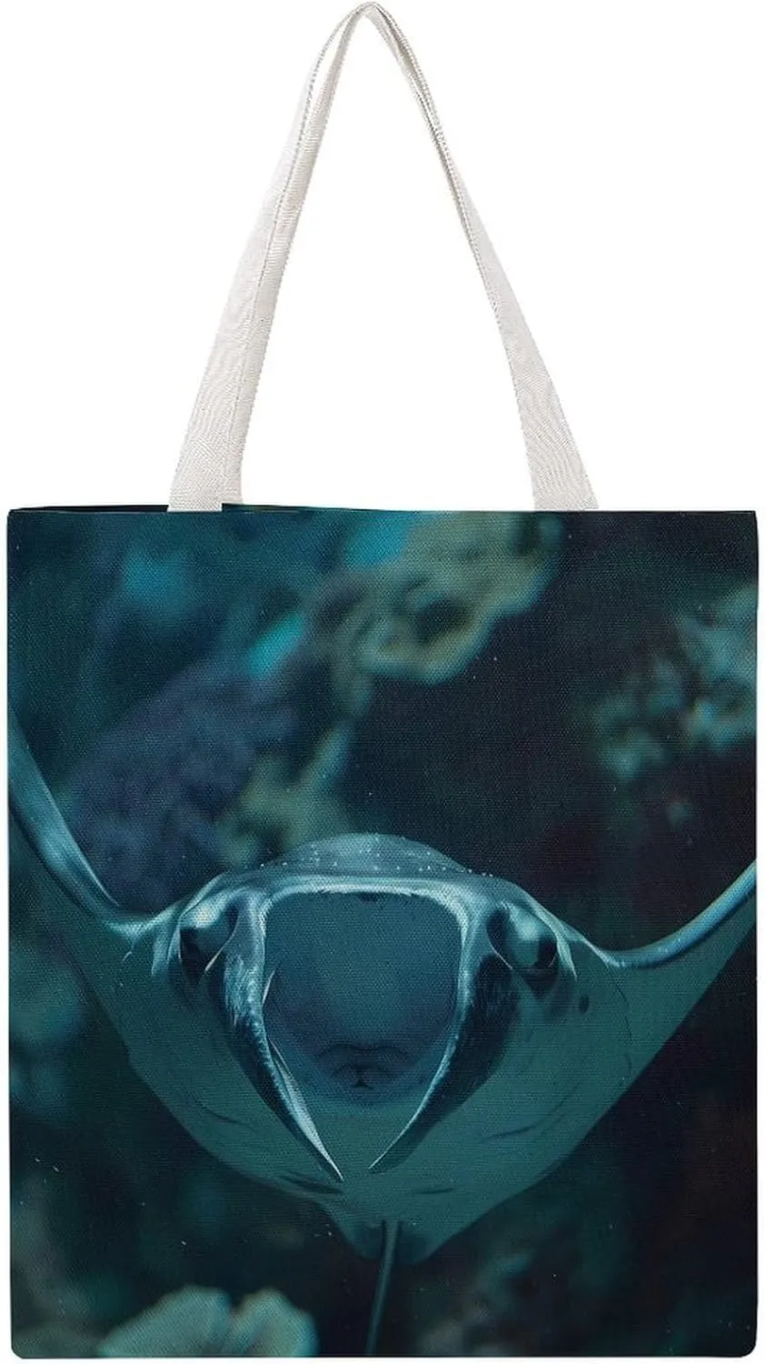 Underwater Ocean Animal Manta Ray Canvas Tote Bags Portable Shopping Grocery Bag Shoulder Handbag with Handles