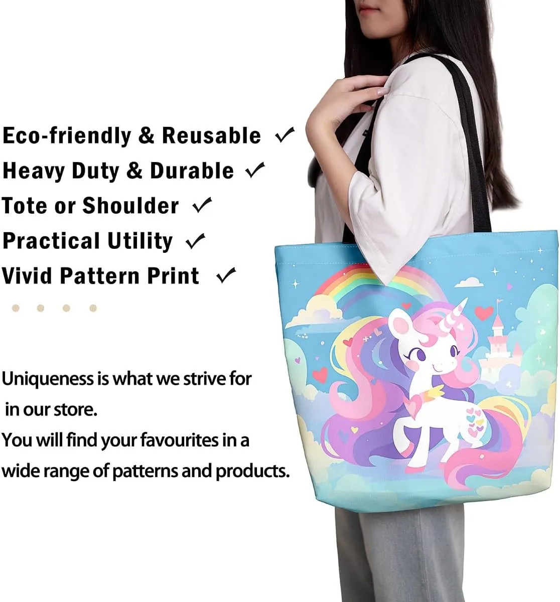Unicorn Canvas Tote Bag Unicorns Foldable Handbag Cute Rainbow Cartoon Horse Canvas Bag Kawaii Shoulder Bag