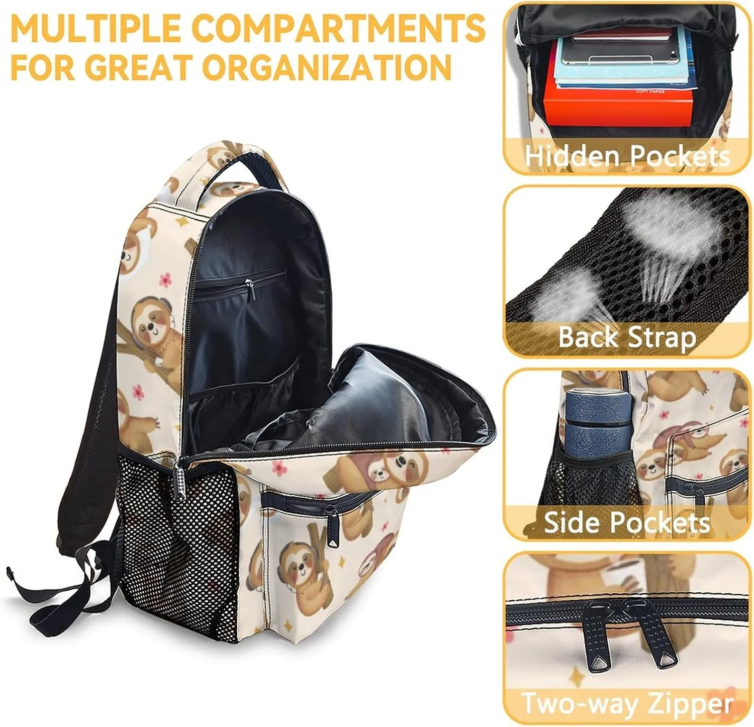 UNIKITTY Sloth Backpack for Girls Boys, 16 Inch Brown Backpacks with Adjustable Straps, Cute, Large Capacity Bookbag for Kids School