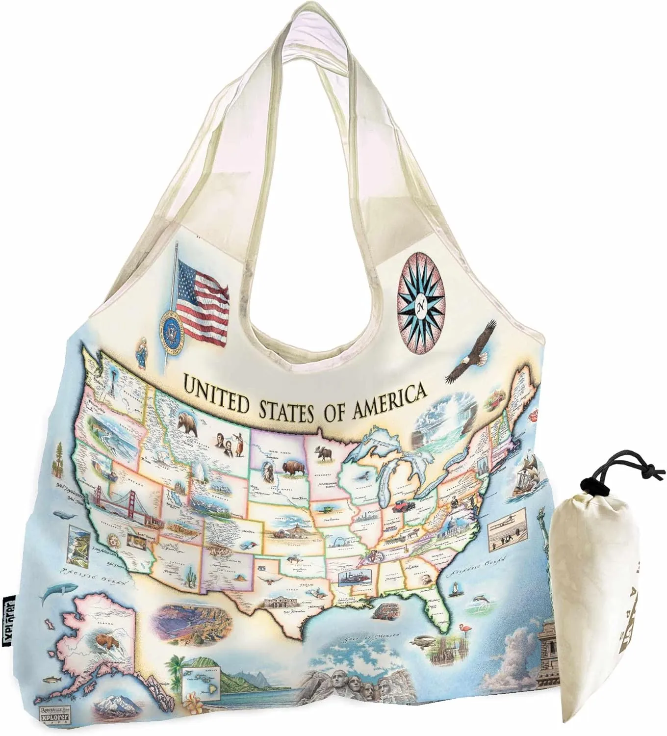 United States of America Map Pouch Tote with Handles – Reusable, Eco-Friendly Grocery Shopping Bag – Foldable, Heavy-Duty Nylon, 18" x 25"