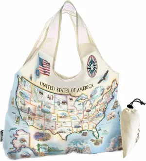 United States of America Map Pouch Tote with Handles – Reusable, Eco-Friendly Grocery Shopping Bag – Foldable, Heavy-Duty Nylon, 18" x 25"