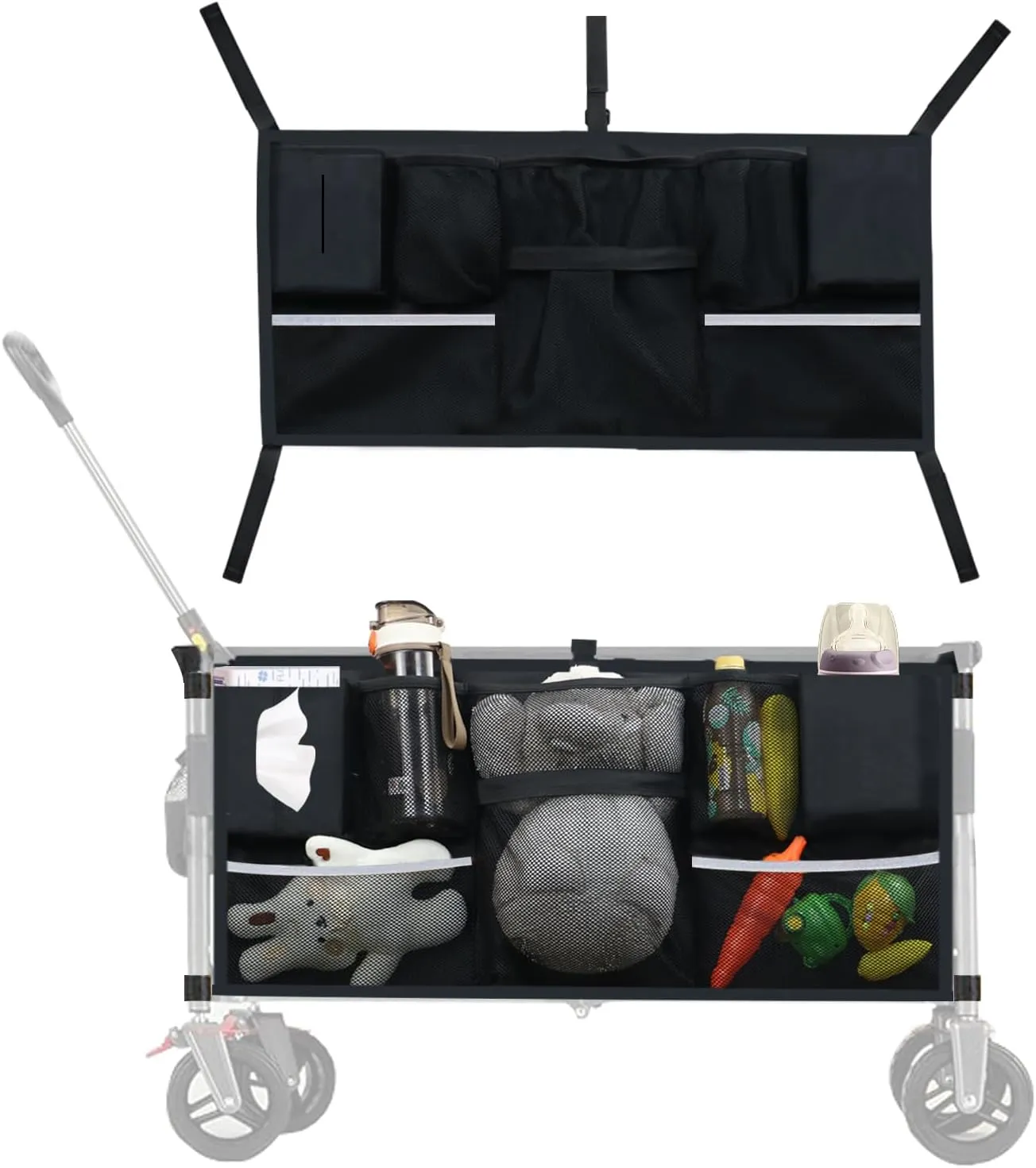Universal Collapsible Wagon Side Pocket, Large Capacity Beach Wagon Storage Attachment, Wide Compatibility Attachments for Garden Cart Sorting Storage, Black (Product Not Including Cart)