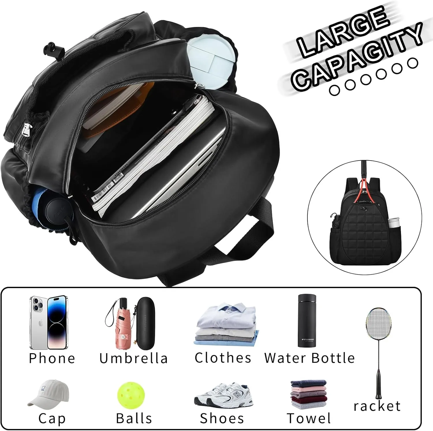 Universal Pickleball Bag with Shoe Compartment/Fence Hook & Adjustable, Gym Weekender Travel Bag