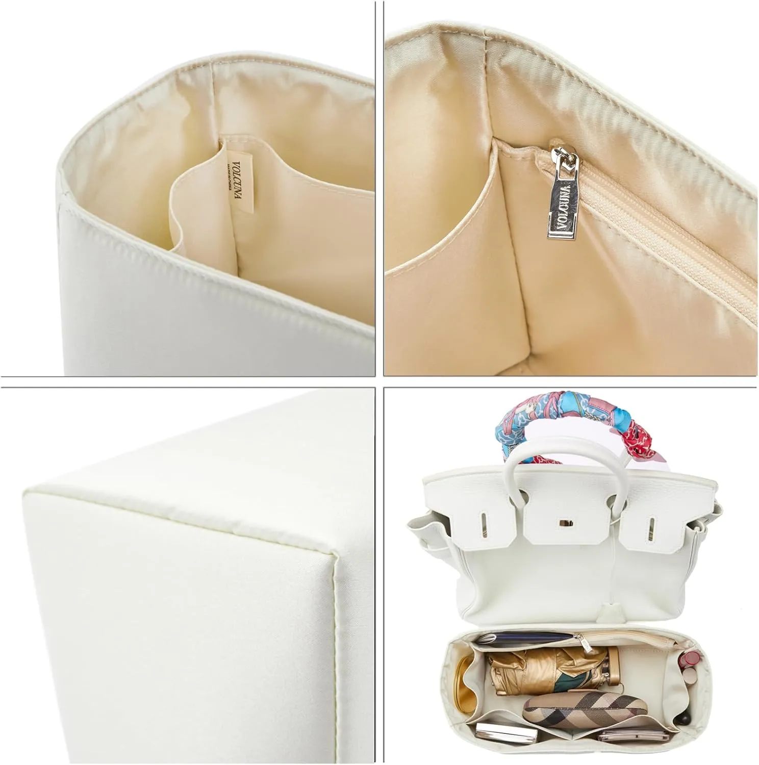Universal Silk Purse Organizer Insert for Hermes Birkin Lindy 30 with Multiple Compartments and Zipper Pocket (Pearl White, 30)