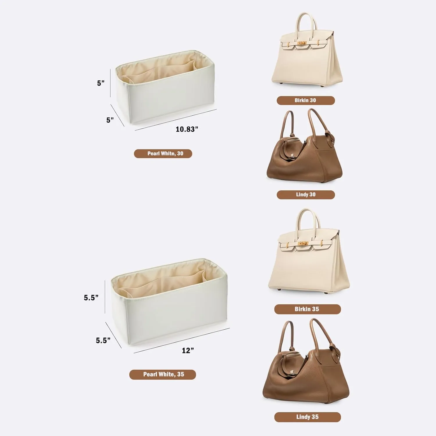 Universal Silk Purse Organizer Insert for Hermes Birkin Lindy 30 with Multiple Compartments and Zipper Pocket (Pearl White, 30)