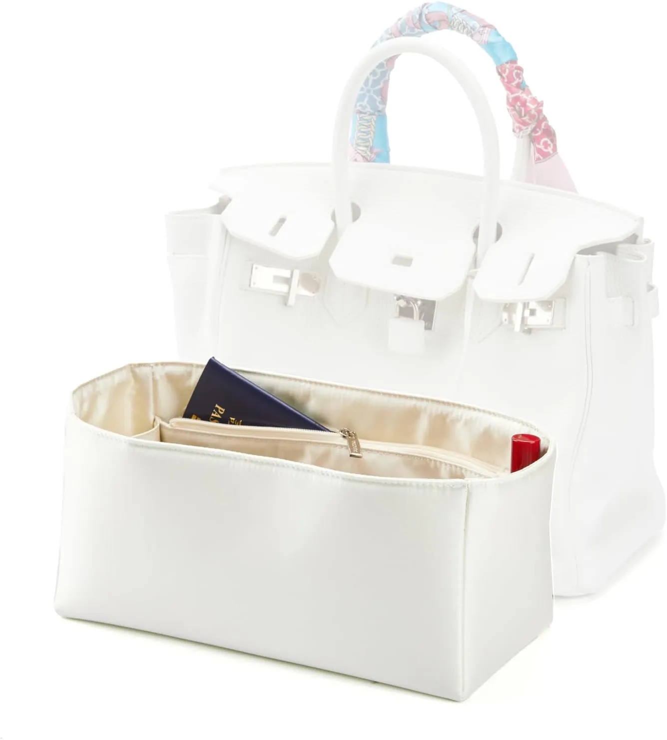 Universal Silk Purse Organizer Insert for Hermes Birkin Lindy 30 with Multiple Compartments and Zipper Pocket (Pearl White, 30)