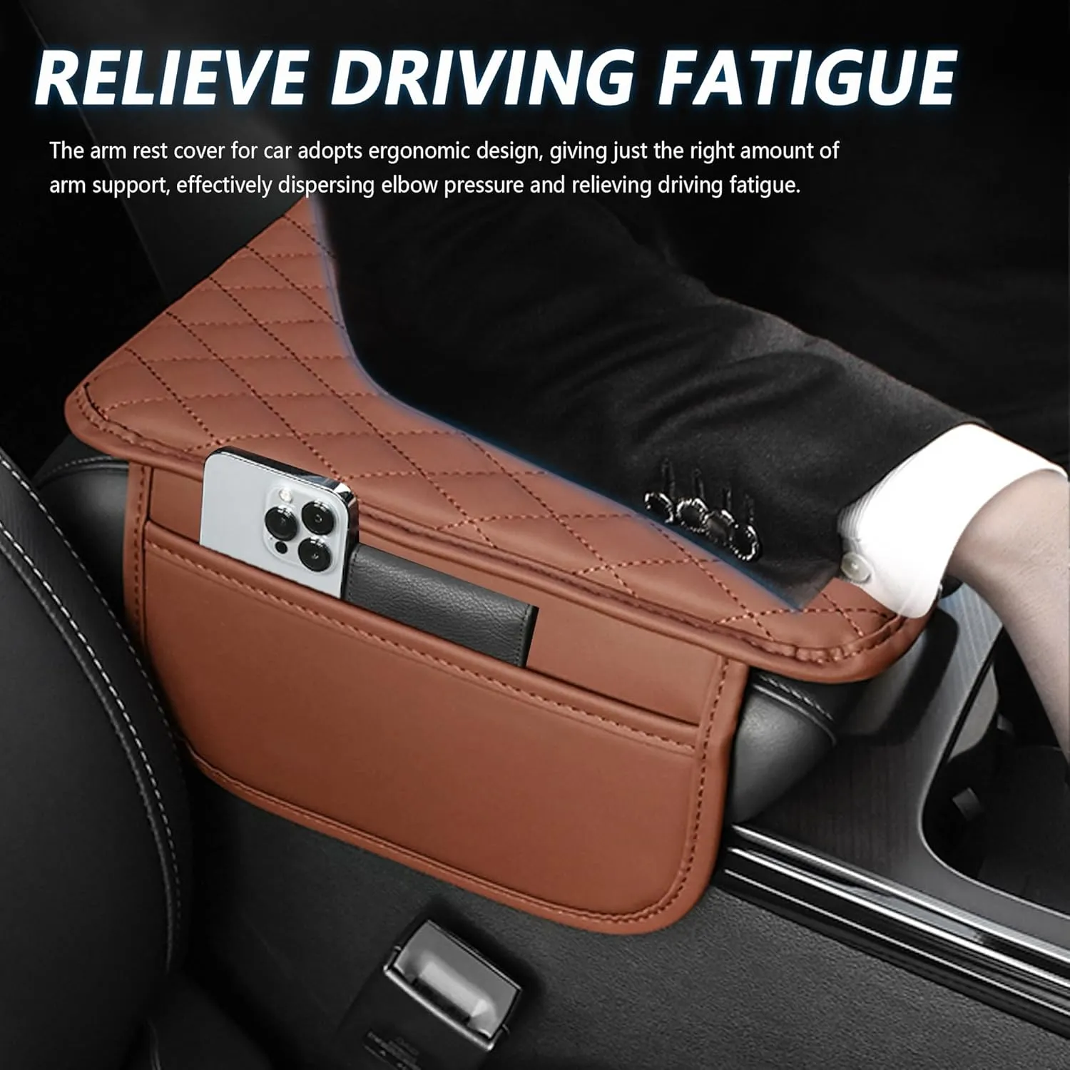 Upgraded Car Center Console Cover,Microfiber Leather Car Armrest Cover Cushion with 2 Storage Bags,Universal Car Armrest Storage Box Car Accessories for Most Vehicles (Brown)