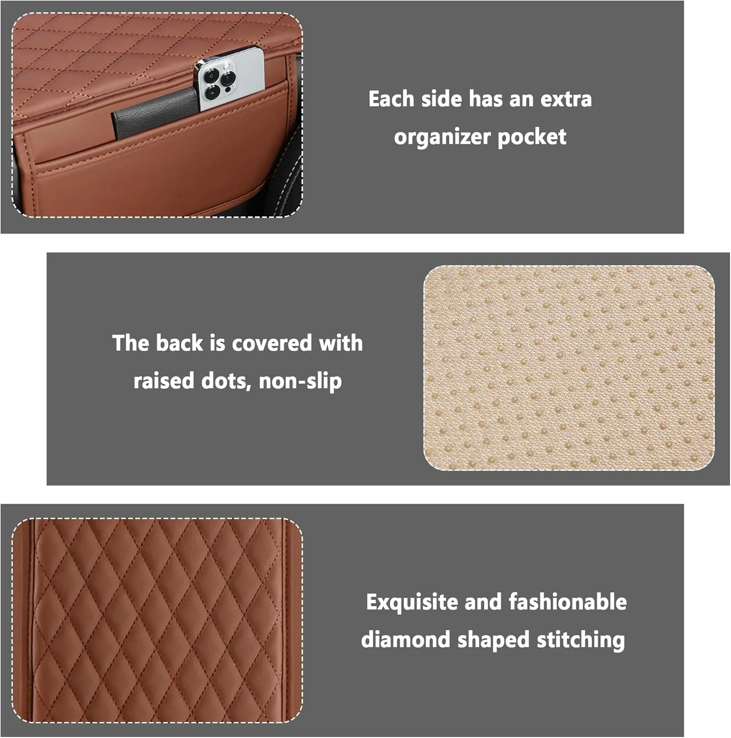 Upgraded Car Center Console Cover,Microfiber Leather Car Armrest Cover Cushion with 2 Storage Bags,Universal Car Armrest Storage Box Car Accessories for Most Vehicles (Brown)
