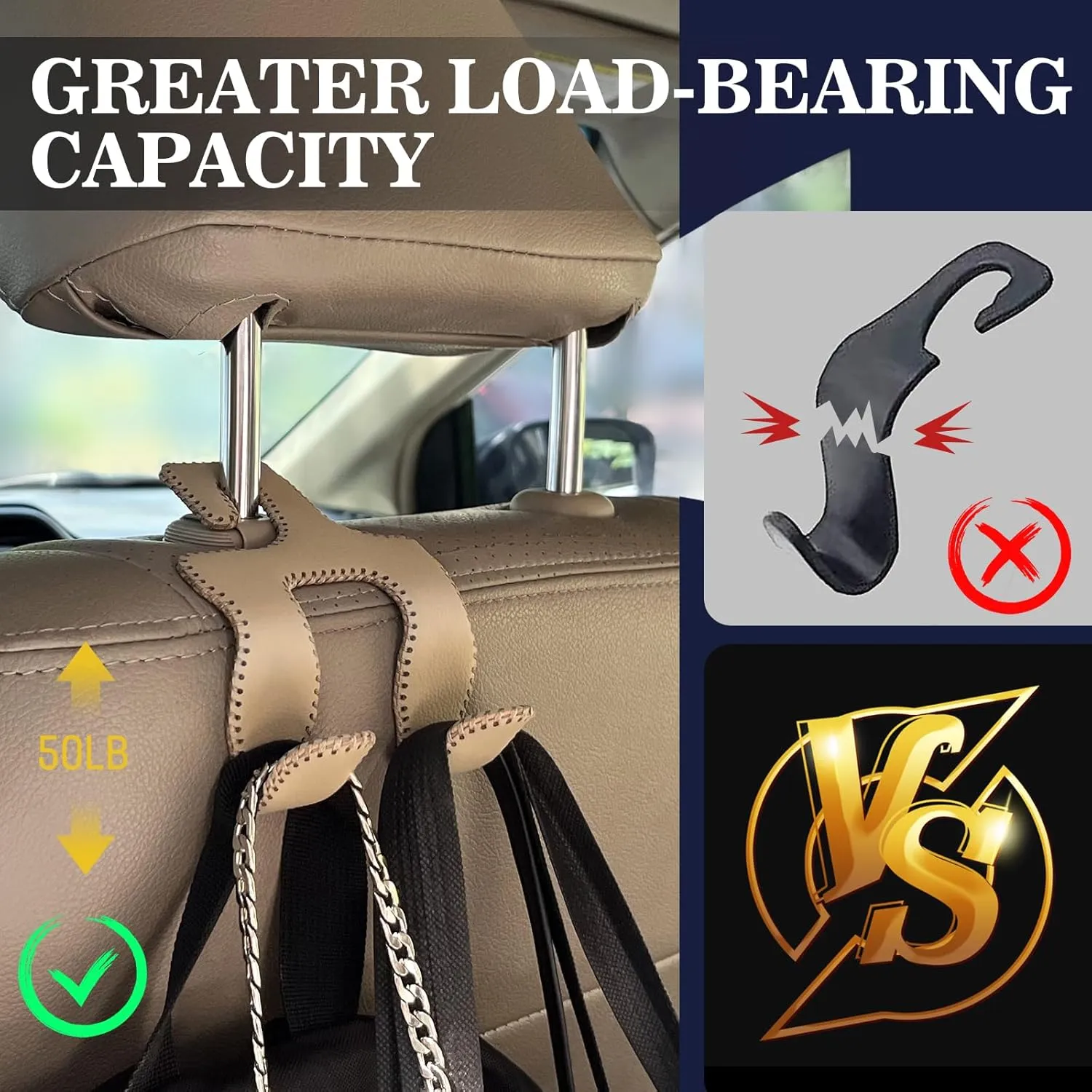 Upgraded Headrest Hooks for Purses and Bags, 2 in 1 Car Back Seat Head Rest Hanger Matching Cars Interior Genuine Leather Vehicle Storage Holder Hook, 2 Pack, Black