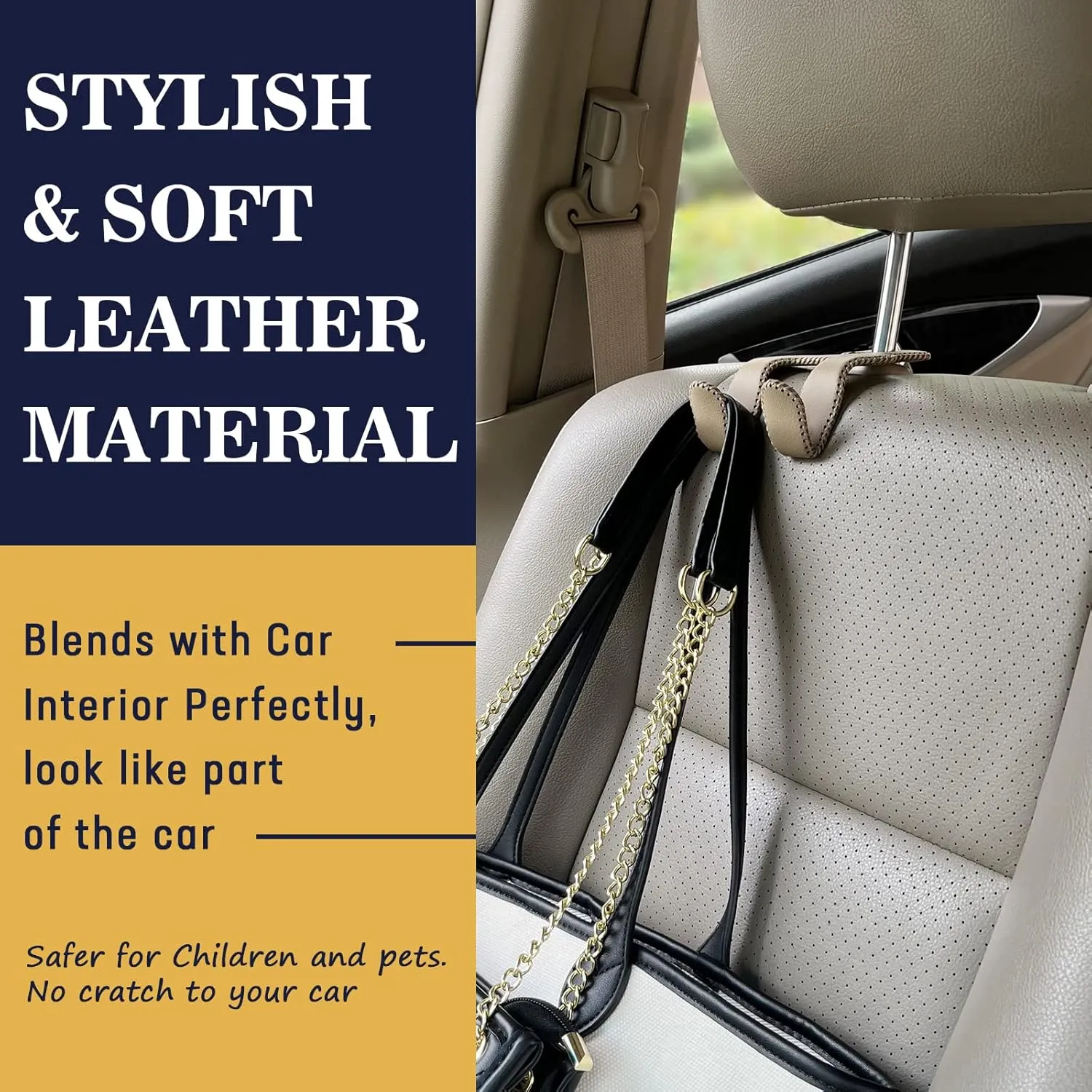 Upgraded Headrest Hooks for Purses and Bags, 2 in 1 Car Back Seat Head Rest Hanger Matching Cars Interior Genuine Leather Vehicle Storage Holder Hook, 2 Pack, Black