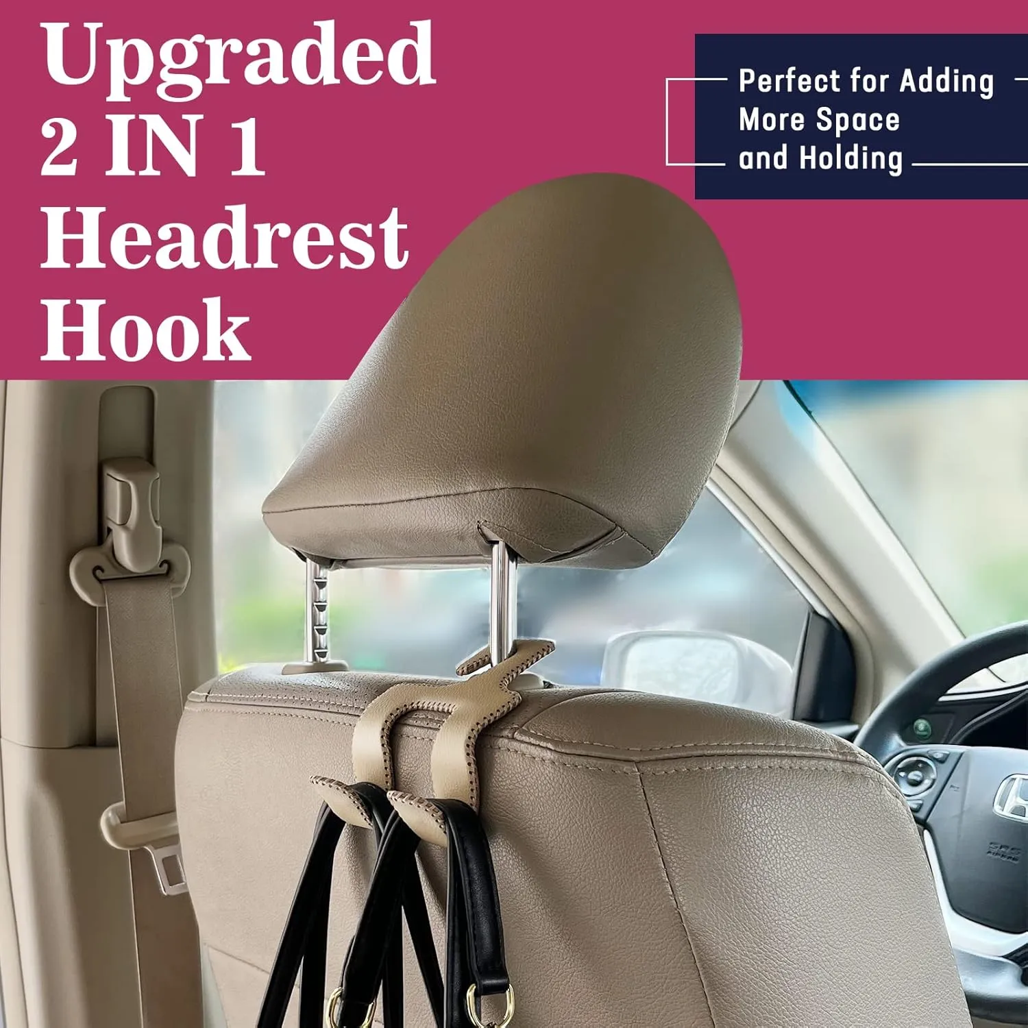 Upgraded Headrest Hooks for Purses and Bags, 2 in 1 Car Back Seat Head Rest Hanger Matching Cars Interior Genuine Leather Vehicle Storage Holder Hook, 2 Pack, Black