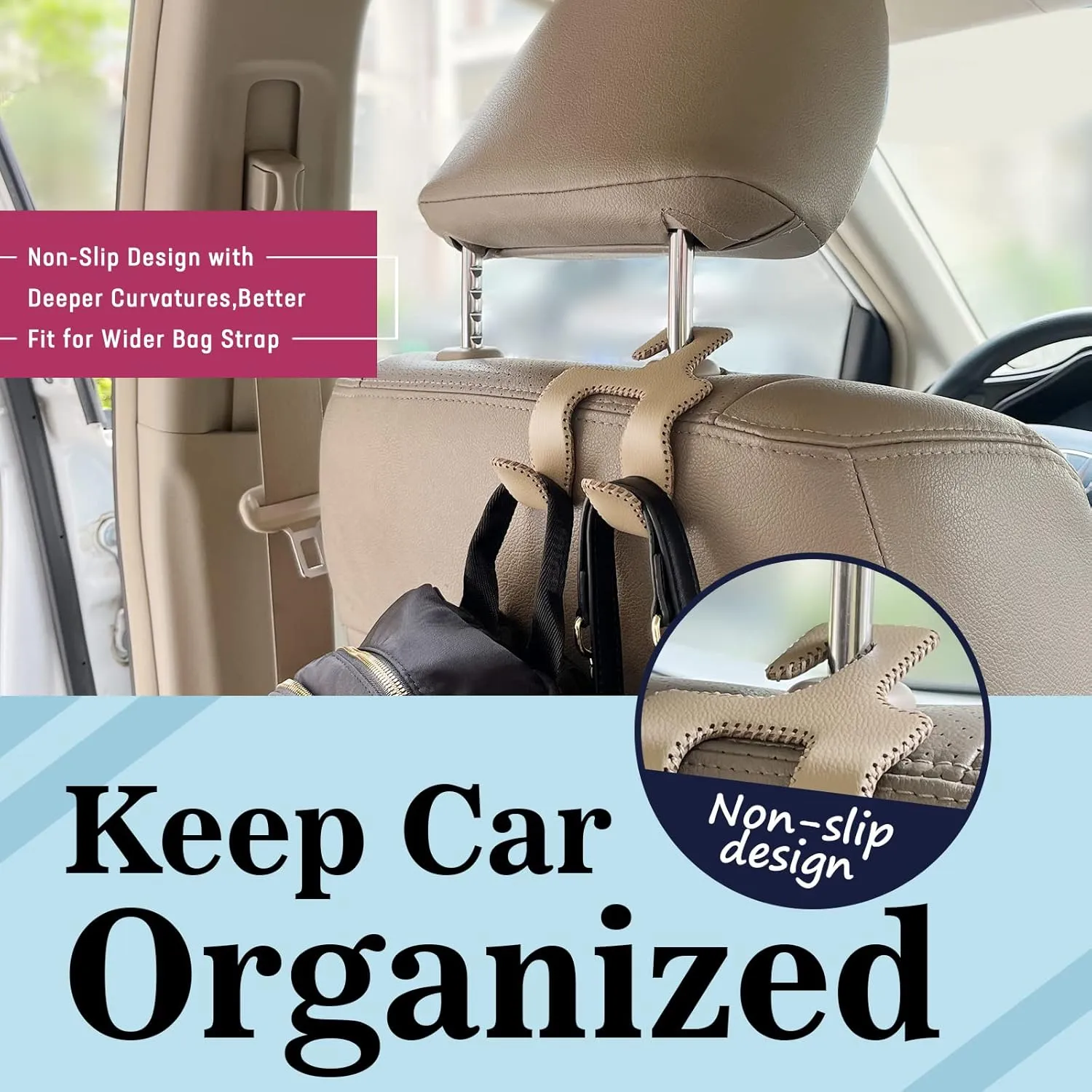 Upgraded Headrest Hooks for Purses and Bags, 2 in 1 Car Back Seat Head Rest Hanger Matching Cars Interior Genuine Leather Vehicle Storage Holder Hook, 2 Pack, Black