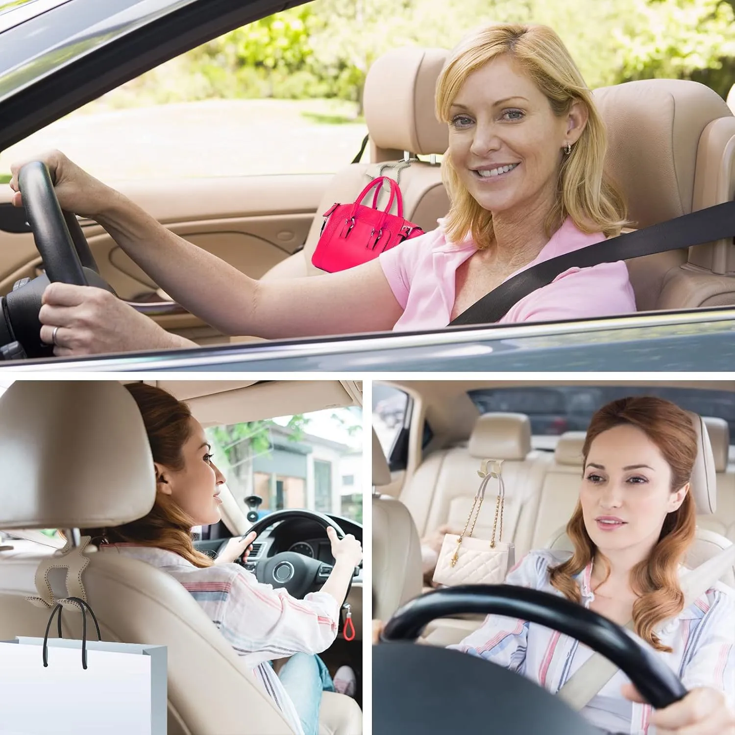 Upgraded Headrest Hooks for Purses and Bags, 2 in 1 Car Back Seat Head Rest Hanger Matching Cars Interior Genuine Leather Vehicle Storage Holder Hook, 2 Pack, Black